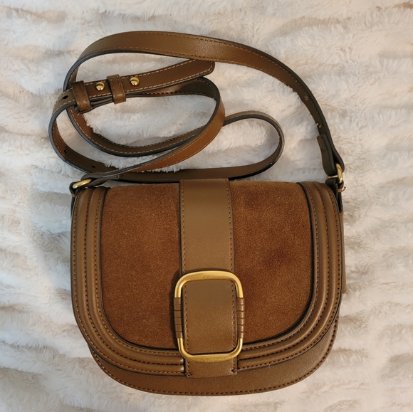 Mango Handbags - Mango MNG Brown Suede & Leather Crossbody Bag with Gold Buckle